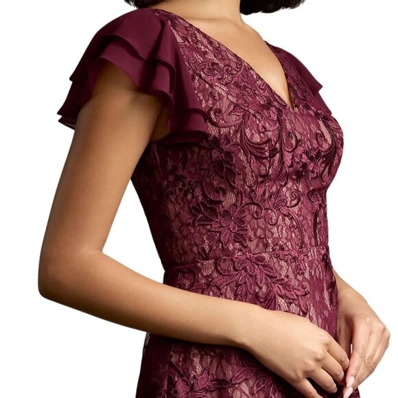 Azazie Atelier Shelly Wine Ruffle Sleeves Midi Dress Size 12 NWT - Picture 1 of 6